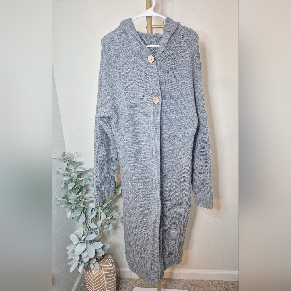 Cozy Knit Hooded Cardigan‎ in Light Gray